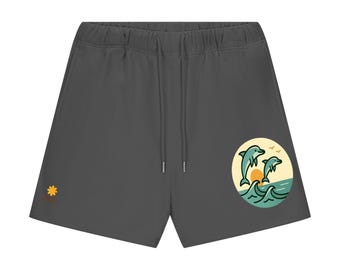 Dolphin Coastal Fleece Shorts • Ocean Wave Print • Unisex Beachwear • Soft Summer Lounge Shorts