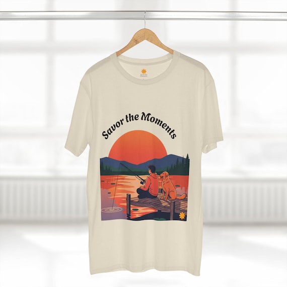 Fishing Pier Sunset Shirt, Dog on Dock Lake Life Tee, Nature Lovers Fishing Graphic T- Shirt, Savor the Moments TM Outdoor Gift
