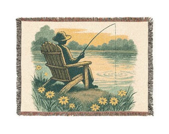 Fishing Scene Woven Throw • Fisherman in Adirondack Chair • Lake Reflection & Floral Shore • Nature‑Inspired Home Decor Blanket