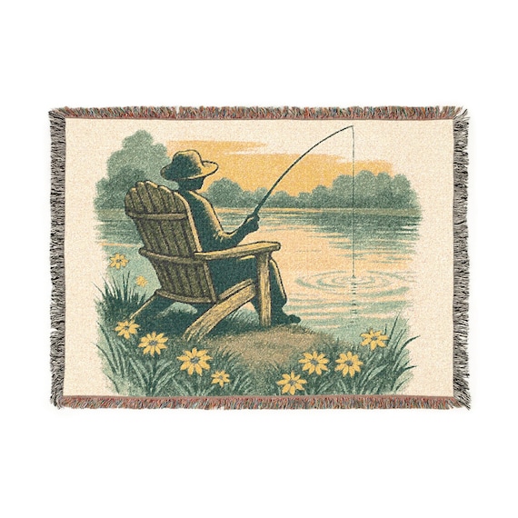 Fisherman by Lake Woven Blanket | Fishing Scene, Adirondack Chair, Floral Shore