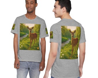 Deer by Stream T‑Shirt • Woodland Nature Illustration Tee • Wildflowers Forest Wildlife Graphic Top