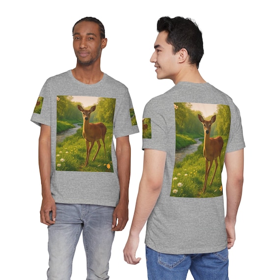 Deer by Stream T‑Shirt • Woodland Nature Illustration Tee • Wildflowers Forest Wildlife Graphic Top
