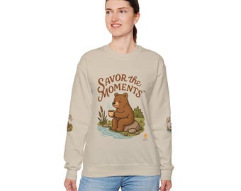 Cozy Bear Sweatshirt - Savor the Moments, Unisex Crewneck, Nature Lover Gift, Campfire Apparel, Relaxation Wear