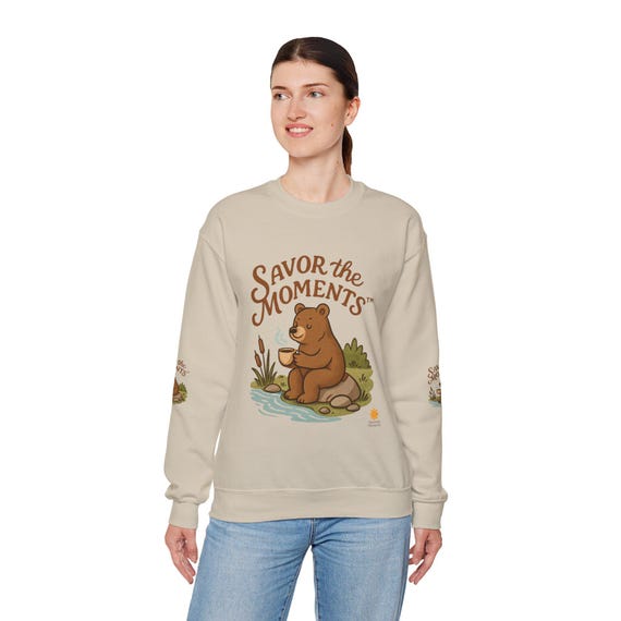 Cozy Bear Sweatshirt - Savor the Moments, Unisex Crewneck, Nature Lover Gift, Campfire Apparel, Relaxation Wear