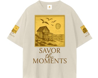 Beach house, sun, ocean, coastal vibe Graphic Tee • Unisex Cotton Wellness Shirt with Savor the Moments™ message, soft daisies, nature vibe.