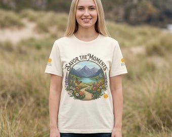 Mountain lake wildflower path, Savor the Moments nature scene T-Shirt