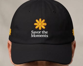 Yellow Daisy Flower, Savor the Moments Logo, Classic Dad Cap | Embroidered Floral Baseball Hat