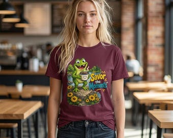 Frog Coffee Mug Graphic Tee | Savor the Moments, Sunflowers, Nature Scene