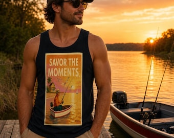 Snow washed tank top, relaxed lake vibe, fishing pole and boat artwork, seagulls, cozy cabin feel, and a peaceful savor the moments sunset.