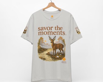 A Woodland Deer T-shirt, Nature Wildlife Tee, Rustic Forest Graphic Tee, Savor the Moments TM Outdoor Apparel