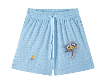 Ostrich Running Shorts • Sporty Mesh Drawstring • Bird Illustration • Outdoor Running & Summer Beach Vibe