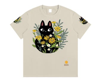 Cat, Whimsical Animal, Cotton T-Shirt, Wildflowers, Wildlife, Colorful Graphics, Summer time vibe