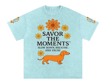 Dachshund dog vibe tee, snow-washed cotton shirt, daisy flower graphic top, inspirational quote t-shirt, animal lover feel-good gift idea