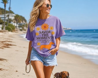 Dachshund dog vibe tee, snow-washed cotton shirt, daisy flower graphic top, inspirational quote t-shirt, animal lover feel-good gift idea