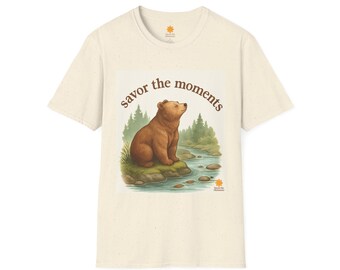 Bear Graphic Typography Tee • Outdoor Stream Nature Shirt • Wildlife Adventure • Cozy Savor the Moments™ Wear