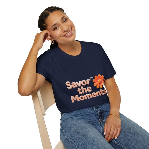 Retro Daisy Typography T‑Shirt • Savor the Moments™ 3‑D Lettering Tee • Positive Quote Graphic • Casual Unisex Apparel