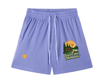 Lake cabin mesh shorts, fishing vibe, soft sunset colors, peaceful, woodland, nature, outdoor comfort.