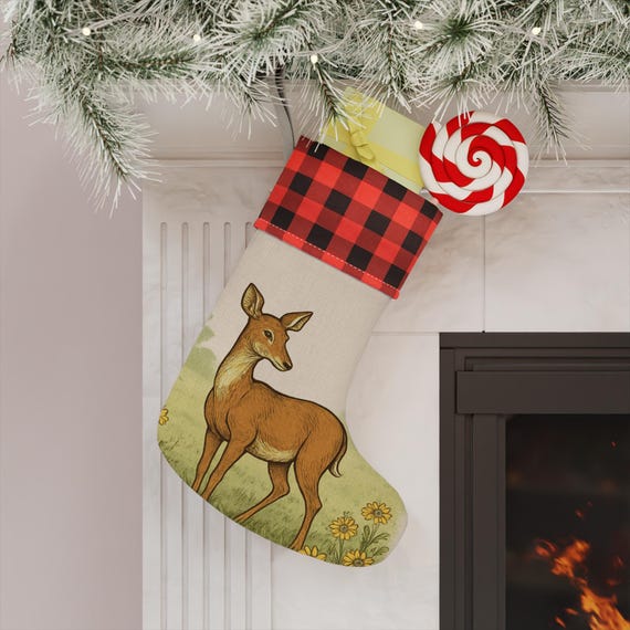 Woodland Doe Illustration Christmas Stocking | Red Buffalo Plaid Cuff