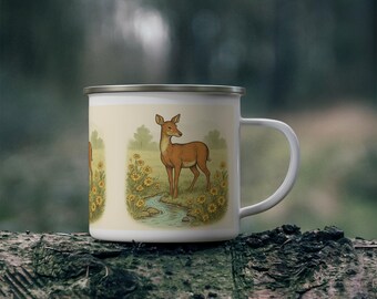 Deer by Wildflower Stream Enamel Camping Mug | Vintage Woodland Nature Art