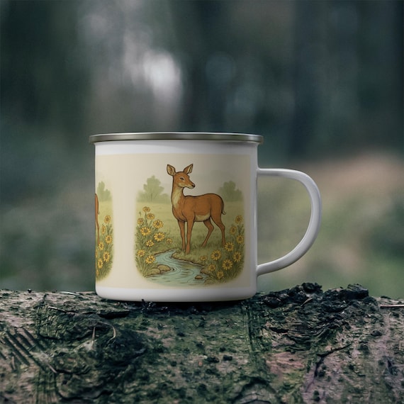 Deer by Wildflower Stream Enamel Camping Mug | Vintage Woodland Nature Art