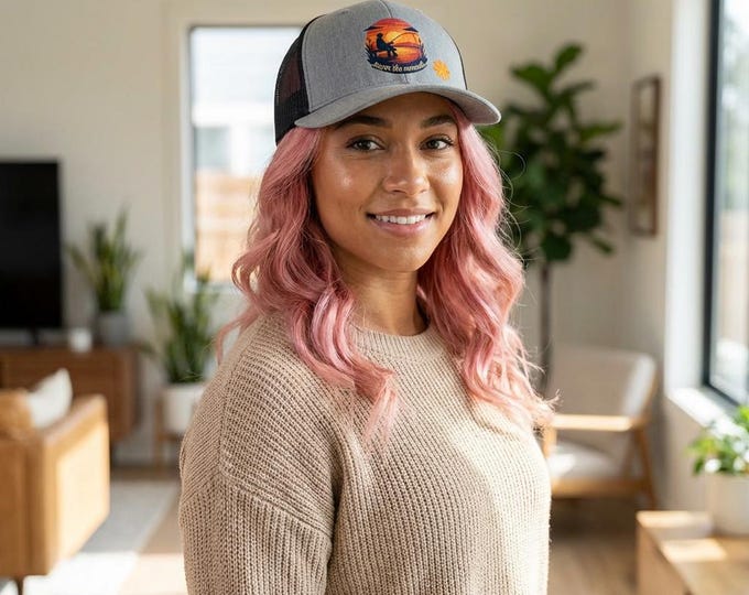 Featured listing image: Fishing Sunset Trucker Hat, Retro Lake Snapback