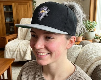 Whimsical Scribble Bird Flat Bill Cap | Embroidered Sketchy Bird Face