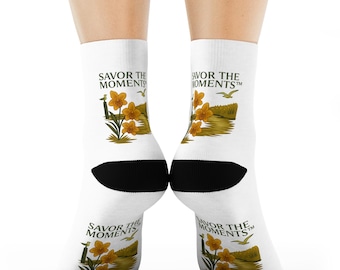 Coastal Vibe, Floral, Savor the Moments floral illustration Crew Socks, yellow flowers, retro brushstroke