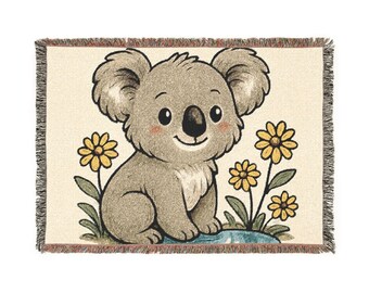 Koala Woven Blanket • Sleepy Forest Baby Room Throw • Cozy Woodland Animal Tapestry • Nursery Decor Accent