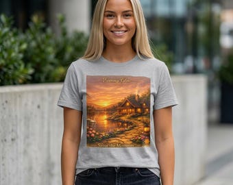 Lake House Landscape, Nature-inspired Tee, Evening Glow Sunset, Cottage T-Shirt | Scenic sunset
