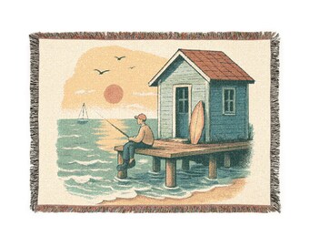 Sunset Pier Woven Throw • Coastal Dock Scene Blanket • Surfboard Beach House Illustration • Ocean‑Inspired Home Decor