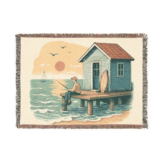 Coastal Pier Sunset Woven Blanket | Beach House Dock Scene, Surfboard