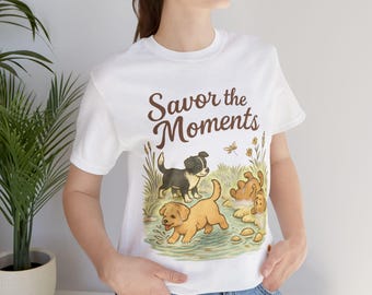 Playful Puppies by the Water T‑Shirt • Cute Dog Lover Graphic Tee • Savor the Moments™ • Unisex Jersey Top