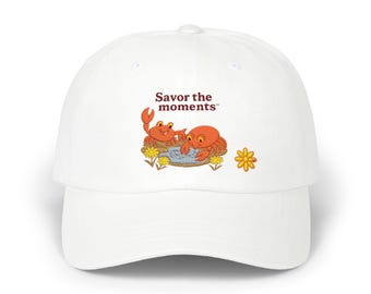 Embroidered Crab Dad Hat • Coastal Nature Baseball Cap • Savor the Moments™ Tidepool Graphic • Beach Lover Gift for Ocean Fans