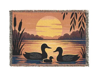 Sunset Lake Duck Throw Blanket • Cozy Woven Tapestry • Family of Ducks Nature Scene • Rustic Wildlife Home Decor