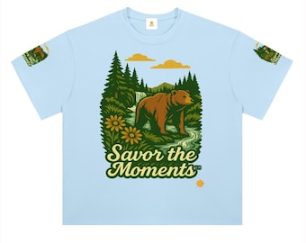 Bear, Waterfalls, Daisies, Wildlife, Outdoor, Heavyweight Drop Shoulder Cotton T-Shirt