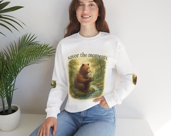 Cozy Bear Illustration Crewneck Sweatshirt Savor the Moments, Relaxed Style, Perfect Gift, Nature Lover Apparel, Everyday Comfort