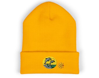 Dolphins Knit Beanie • Cute Coastal Embroidered Hat • Warm Cuffed Winter Cap