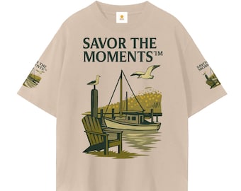 Coastal scene, Unisex Cotton Tee, fishing boat, seagulls, Adirondack chair, beach vibe, gift, Savor the Moments, gifting