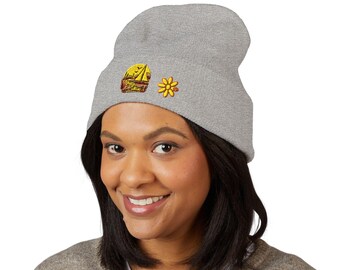 Sailboat & Sunflower Embroidery Beanie | Nautical Sailing Outline, Yellow Floral Cuff Hat, coastal style, gifting