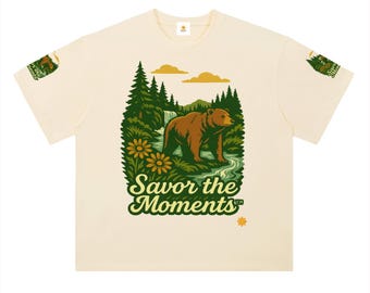 Bear T‑shirt, mountain vibe, woodland, nature scene, daisies, waterfall accents, drop shoulder, cotton tee, outdoor lovers