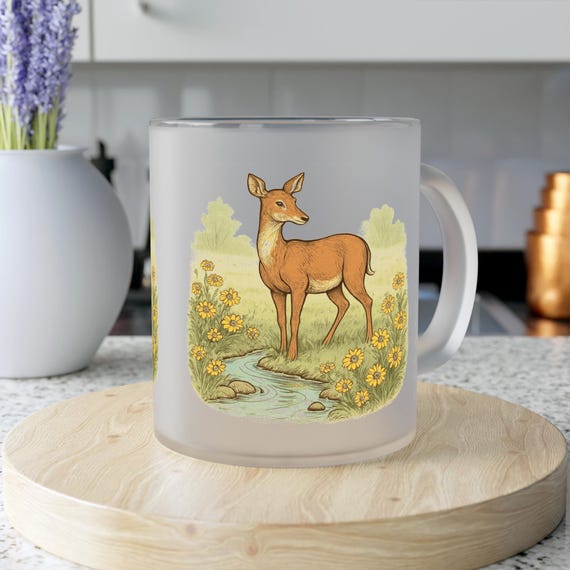 Doe in Wildflower Meadow Frosted Glass Mug | Deer Illustration, Nature Scene