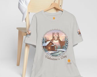 Valentine's Cabin Scene Shirt, Cozy Winter Deer Silhouette Tee, Romantic Nature Lover Graphic T-shirt, Savor the Moments TM Apparel