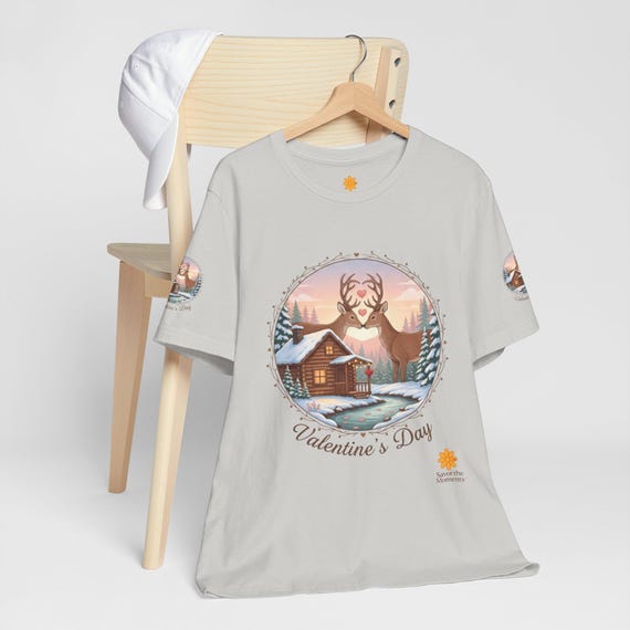 Valentine's Cabin Scene Shirt, Cozy Winter Deer Silhouette Tee, Romantic Nature Lover Graphic T-shirt, Savor the Moments TM Apparel