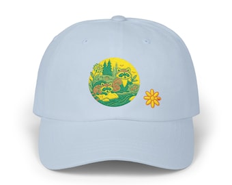Racoon, Classic Dad Cap, animal vibe, nature, gift, orange daisy logo, wildflower, stream, meadow vibe
