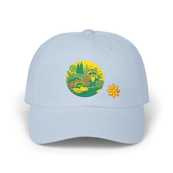 Racoon, Classic Dad Cap, animal vibe, nature, gift, orange daisy logo, wildflower, stream, meadow vibe