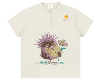 Purple Bird & Daisy Graphic Henley • Funny Whimsical Cartoon Tee • Soft Basics Shirt • Casual Daily Comfort Top for Playful Outfits