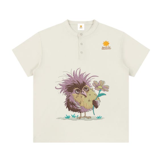 Purple Bird & Daisy Graphic Henley • Funny Whimsical Cartoon Tee • Soft Basics Shirt • Casual Daily Comfort Top for Playful Outfits