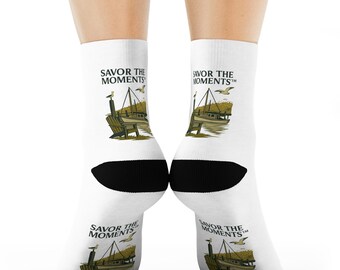 Fishing Boat Crew Socks • Beach Chair Coastal Vibe • Savor the Moments Ocean Scene • Nautical Nature Lover Gift