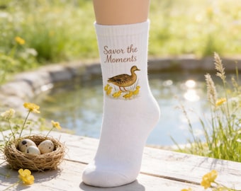Duck Illustration Crew Socks • Vintage Bird Art Socks • Nature Lover Gift • Cozy Wildlife Pattern Socks