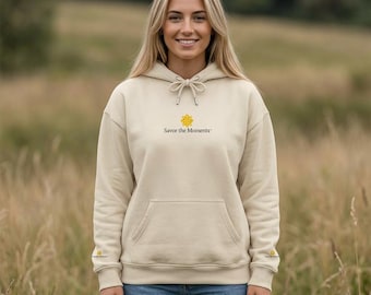 Daisy 'Save the Moments' Hoodie | Minimal Floral Chest, Sleeve Accent